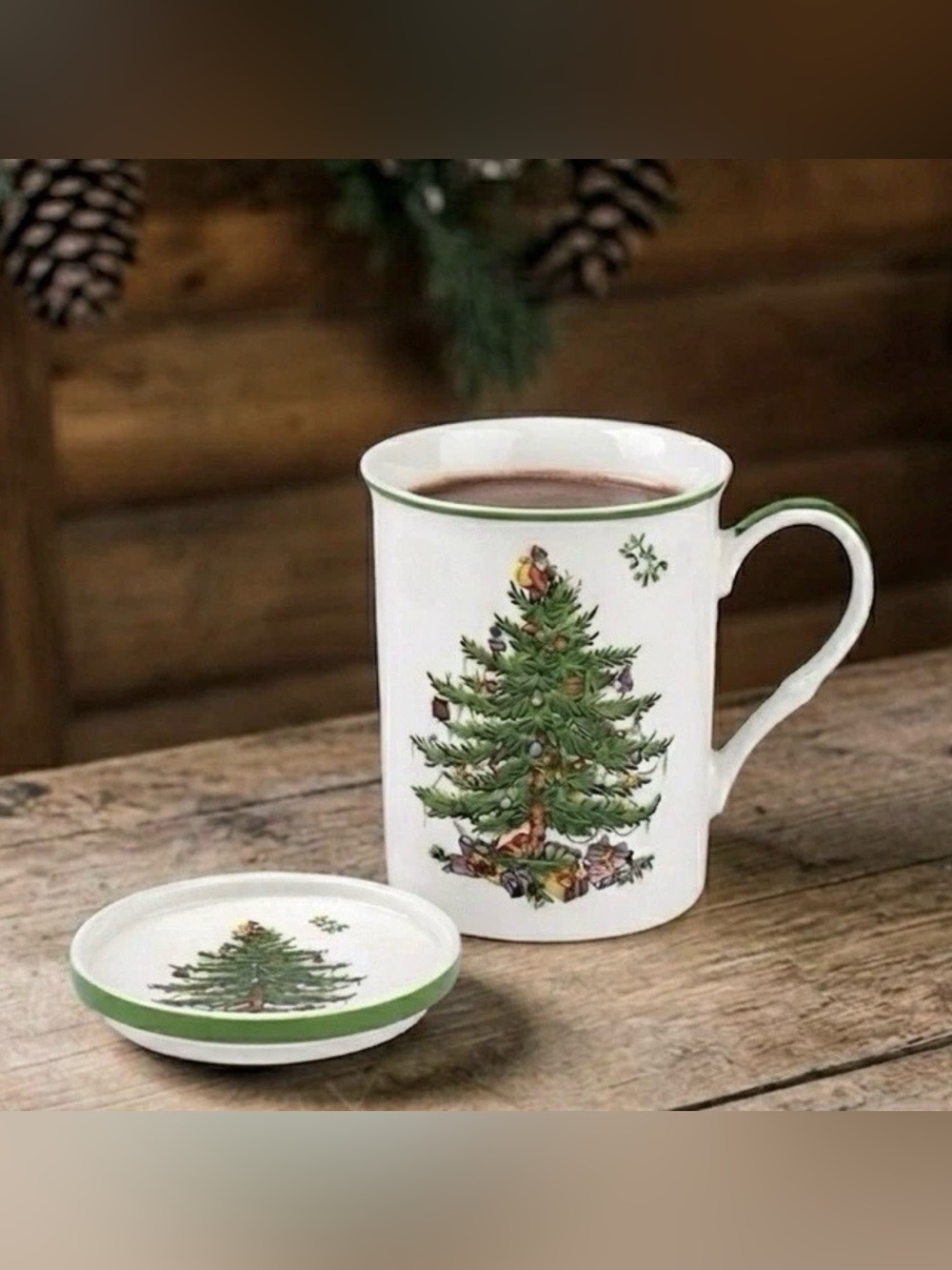SPODE Christmas Tree Mug Coaster Set 14oz Holiday Coffee Cup Boxed Gift
